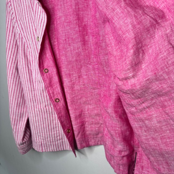 Chicos Reversible Linen Jacket Size 2/12-14 Pink White Striped Snap Classic - Picture 5 of 13